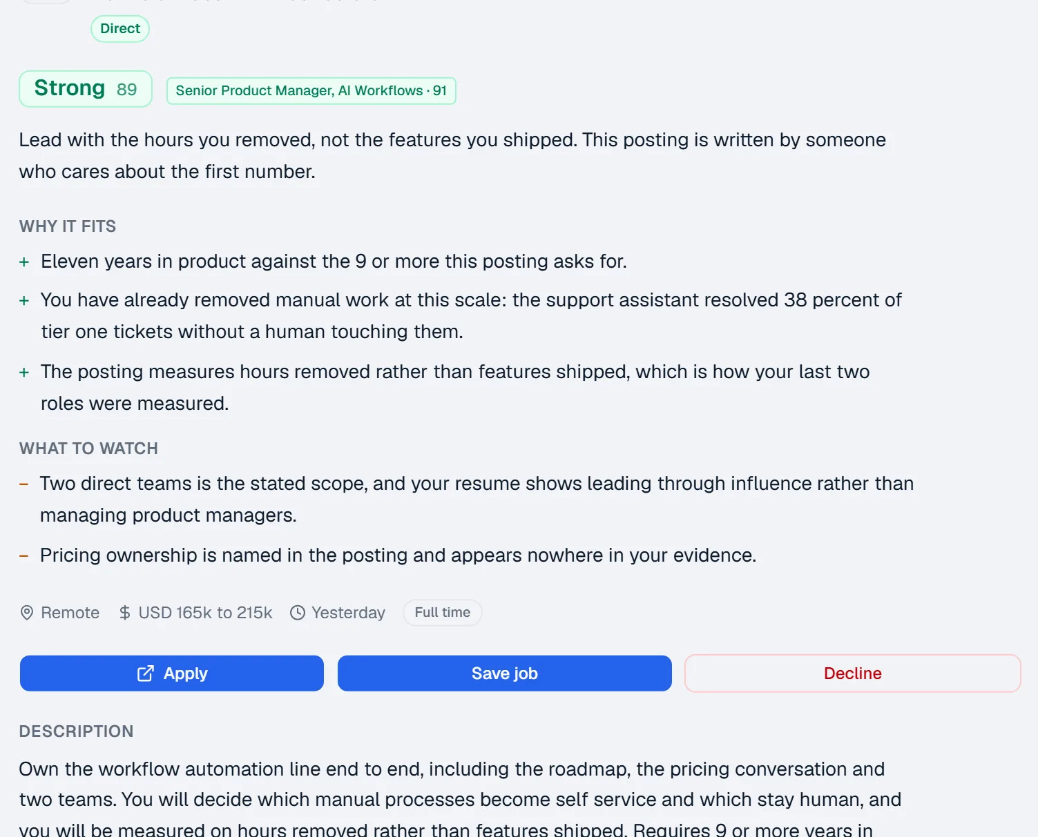 A scored job opened in detail. The verdict "Strong, 89" sits directly under the role and employer, followed by "Why this match": three strengths, including eleven years in product against the nine the posting asks for, and two gaps, including that the posting names two direct teams and the resume shows leading through influence. The employer’s own job description begins below all of it.
