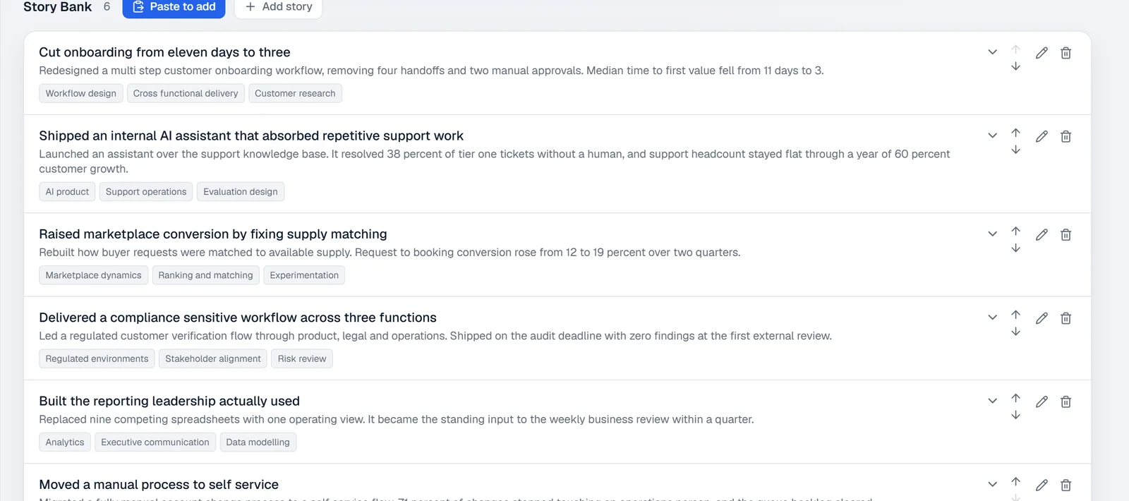 The story bank. Six achievements, each with a title, an outcome carrying a number, and the skills it demonstrates: onboarding cut from eleven days to three, an assistant that resolved 38 percent of tier one tickets, marketplace conversion raised from 12 to 19 percent.