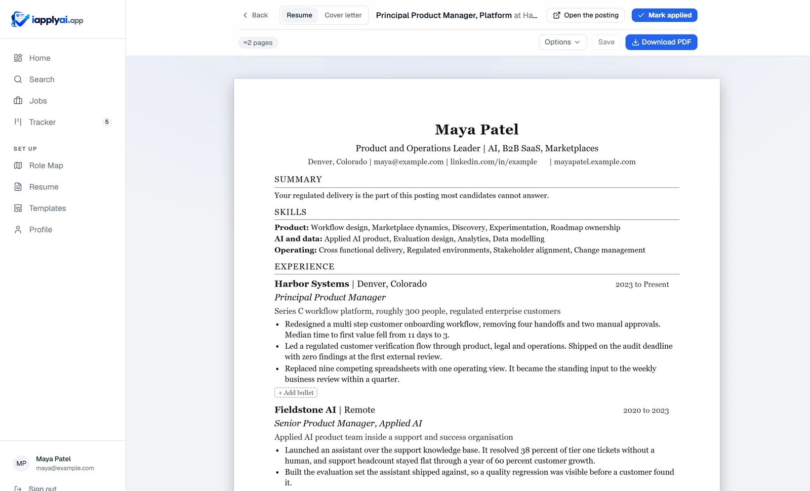 A tailored resume for a Principal Product Manager role, open in the editor. The summary, skills and experience are set as a finished document, with a page estimate and a download control above it.