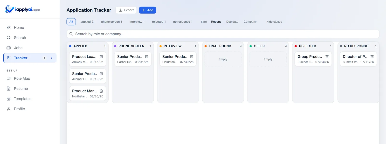 The application tracker as a board. Columns for each stage hold cards for real applications, including one that was rejected and one that has had no response.