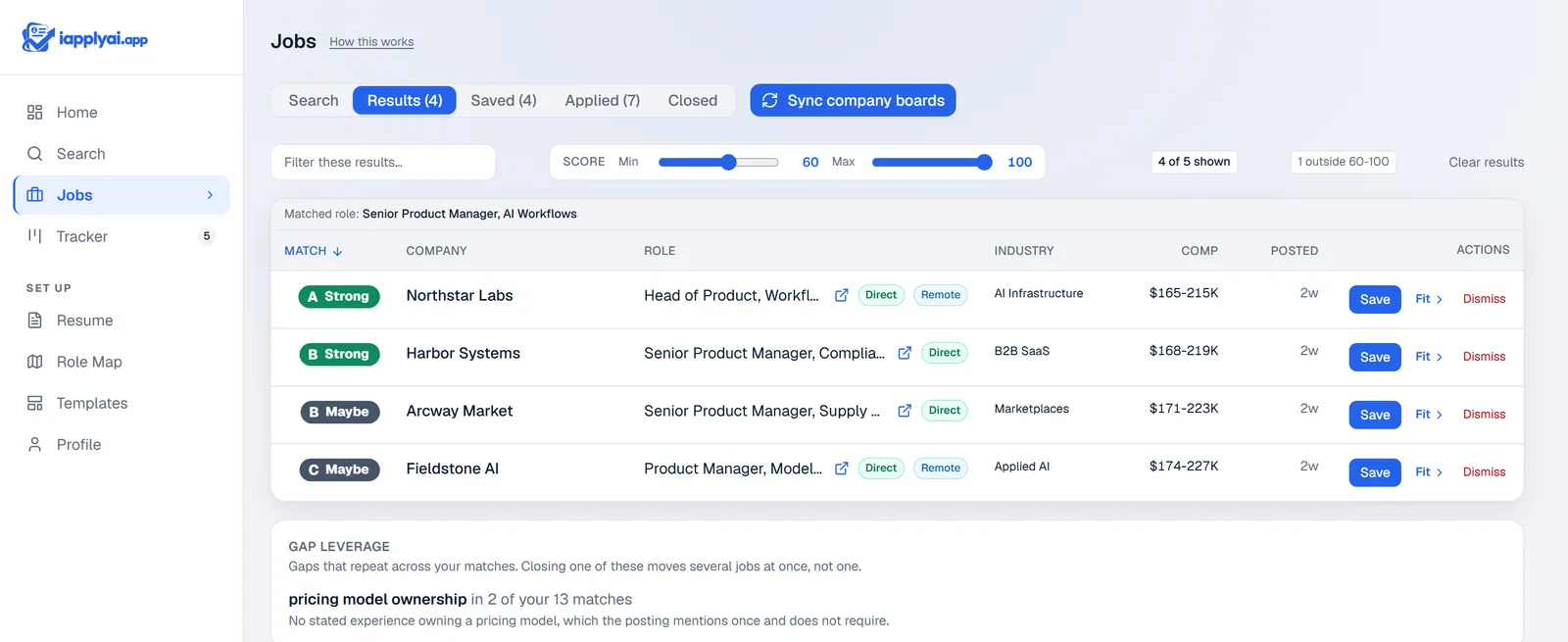 The jobs table. Each row leads with a letter grade beside the match verdict, "A Strong" down to "C Maybe", then the company, the role, the industry, the pay band and how long ago it was posted. Above the table a score range is set to a minimum of 60 and a maximum of 100, and a note reads "4 of 5 shown, 1 outside 60 to 100", the candidate’s own range.