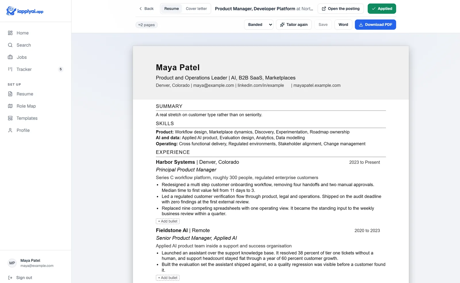 A tailored resume for a Product Manager, Developer Platform role, open in the editor with the Banded template selected. The name and title sit in a shaded band above the summary, skills and experience, all set as a finished document, with a page estimate and a download control above it.